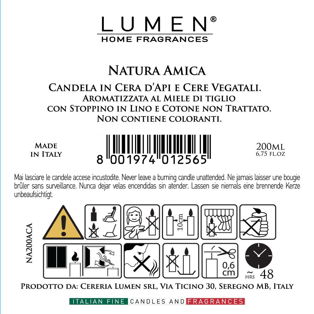 Candela Lumen Natura Amica Cera d'Api e Vegetale con Tappo in Sughero 200 ml Profumazione Miele di Acacia