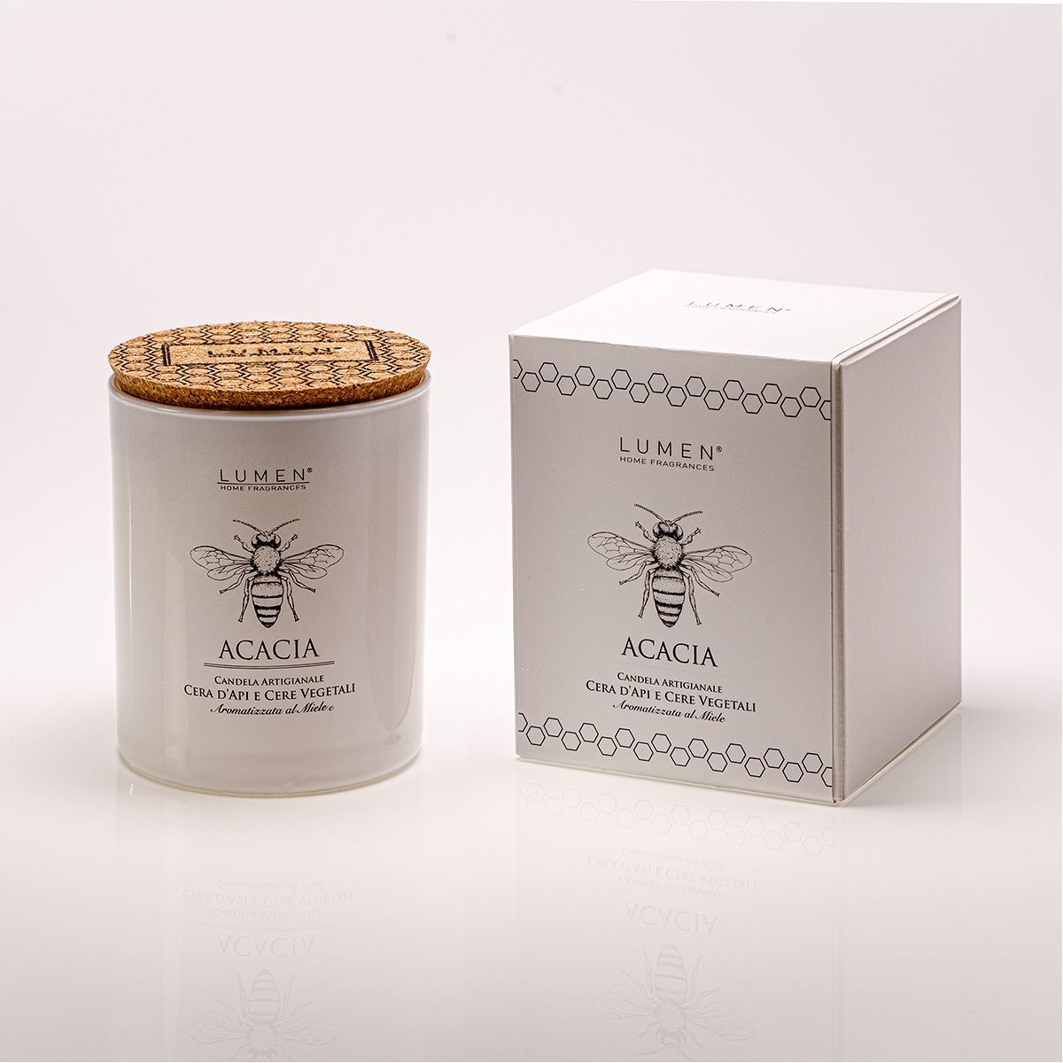 Candela Lumen Natura Amica 200 ml cera d'api e vegetale, profumazione miele di acacia, tappo in sughero
