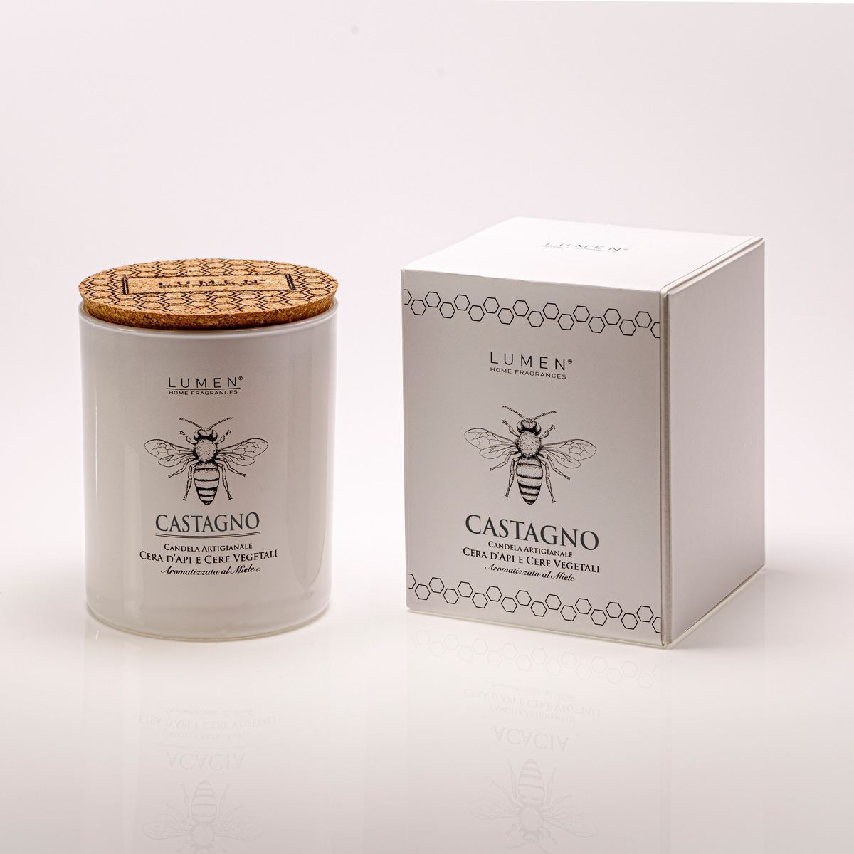 Candela Lumen Natura Amica 200 ml cera d'api e vegetale, profumazione miele di castagno, tappo in sughero