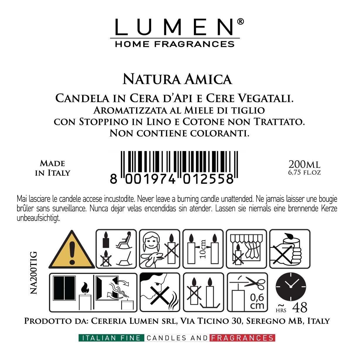 Candela Lumen Natura Amica Cera d'Api e Vegetale con Tappo in Sughero 200 ml Profumazione Miele di Tiglio