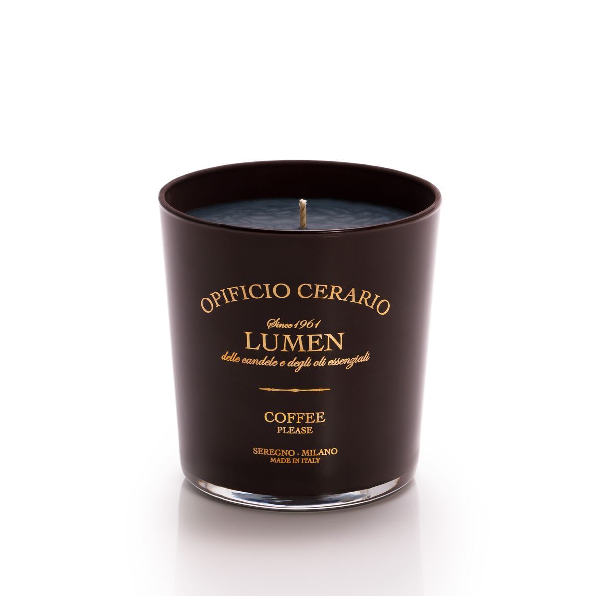Dettaglio serigrafia oro candela Lumen Coffee Please 300 ml profumazione caffè tostato