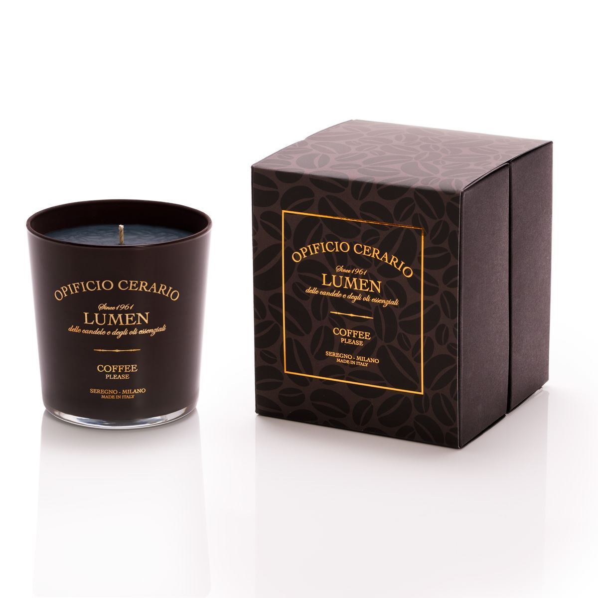 Candela Opificio Cerario Lumen Coffee Please 300 ml cera vegetale, contenitore scuro con serigrafia oro