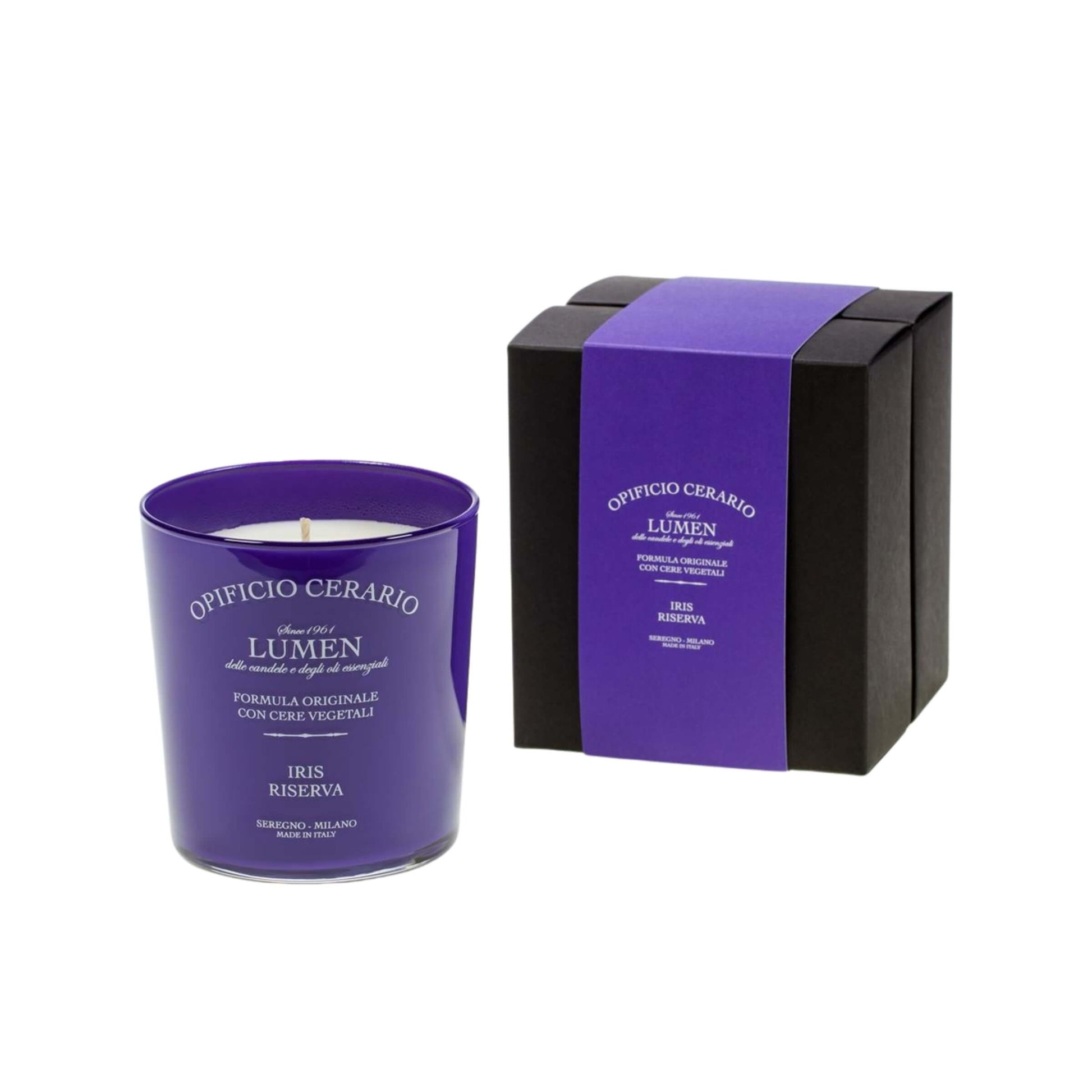 Candela Opificio Cerario Lumen Iris Riserva 300 ml in cera vegetale, vetro colorato formula storica dal 1961