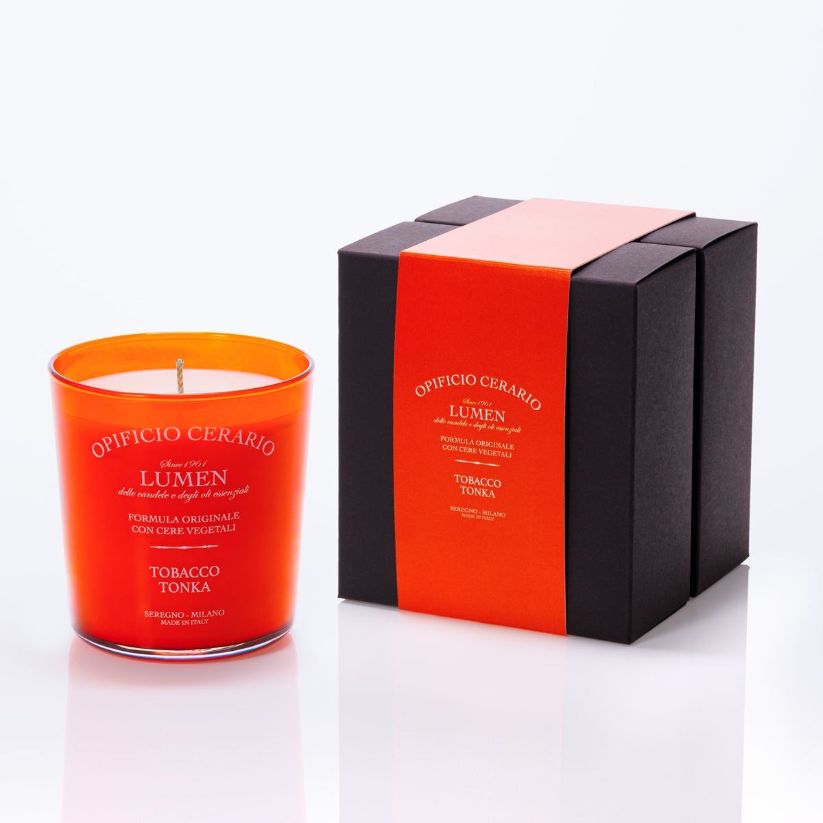 Candela Opificio Cerario Lumen Tobacco Tonka 300 ml cera vegetale, vetro arancio serigrafato