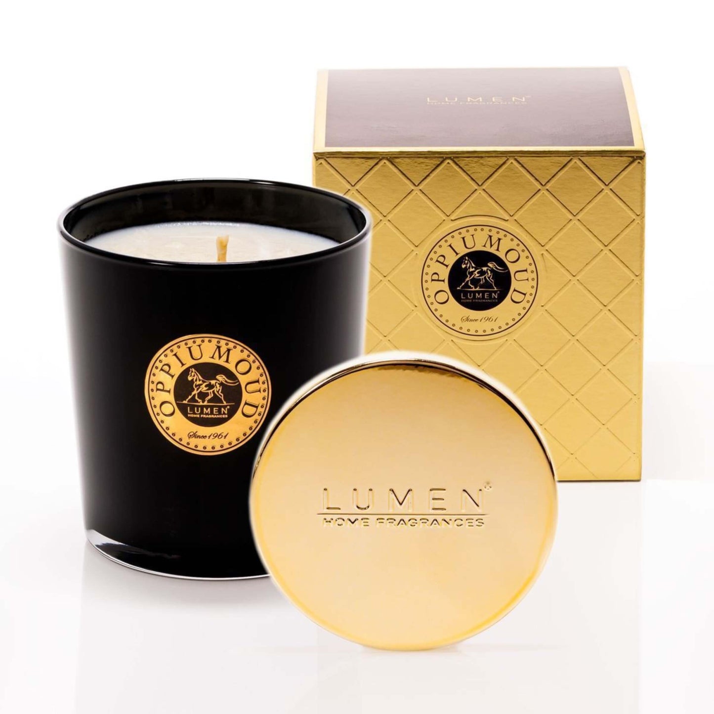 Candela Lumen Masterpiece OppiumOud Black Edition 300 ml, vaso nero lucido con coperchio oro