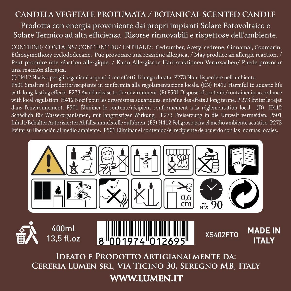 Candela Vegetale Stoppino in Legno Lumen XSenseS Fava Tonka 400 ml Profumazione Dolce e Avvolgente
