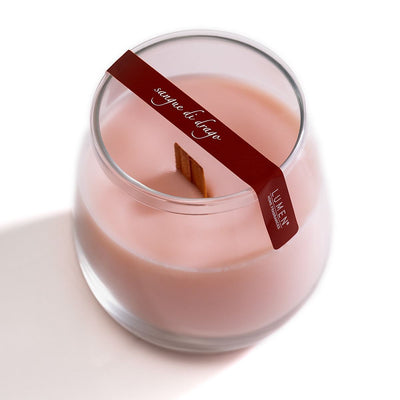 Dettaglio cera con resina Sangue di Drago candela Lumen XSenseS 400 ml stoppino legno
