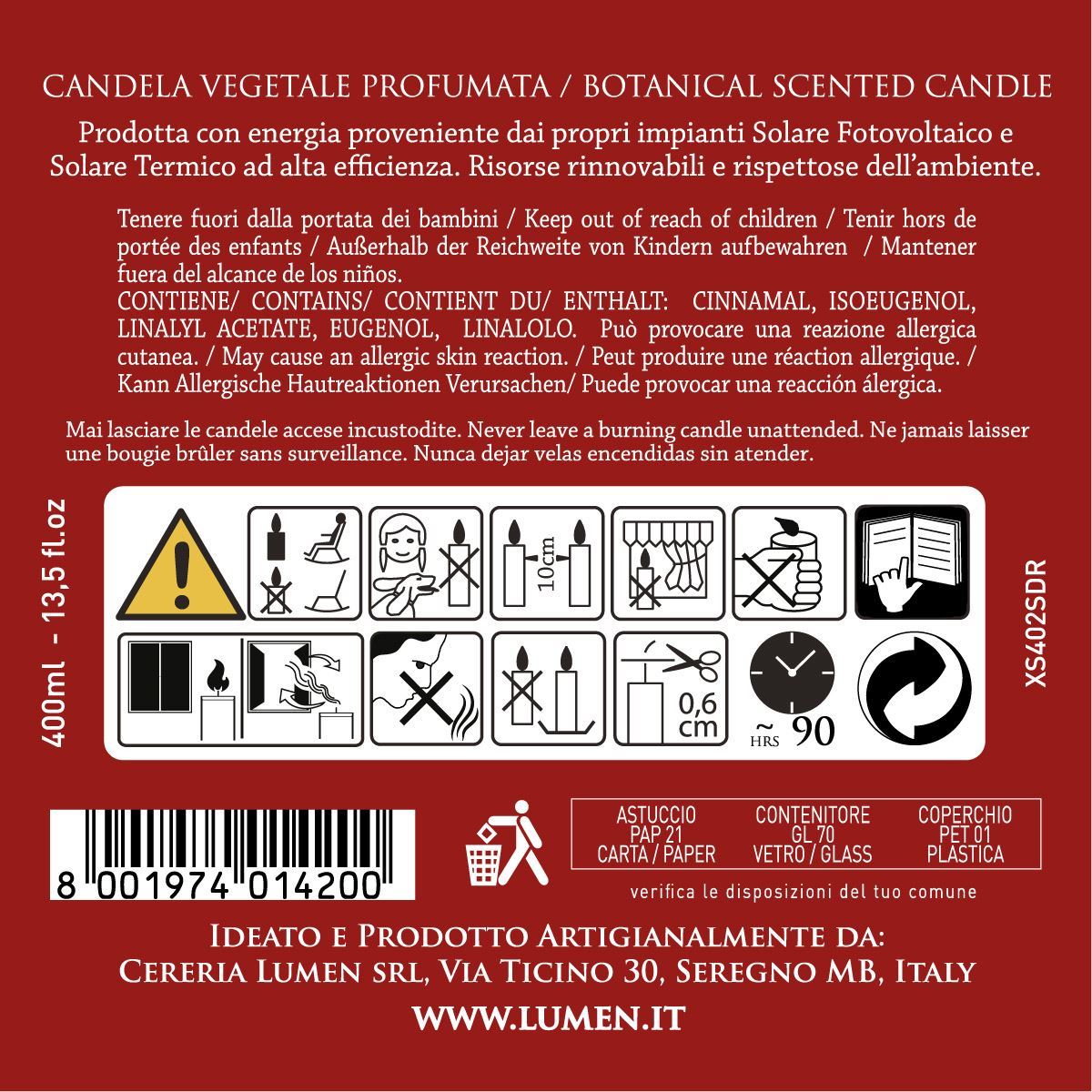 Candela Vegetale Stoppino in Legno Lumen XSenseS Sangue di Drago 400 ml Profumazione Intensa e Resinoide