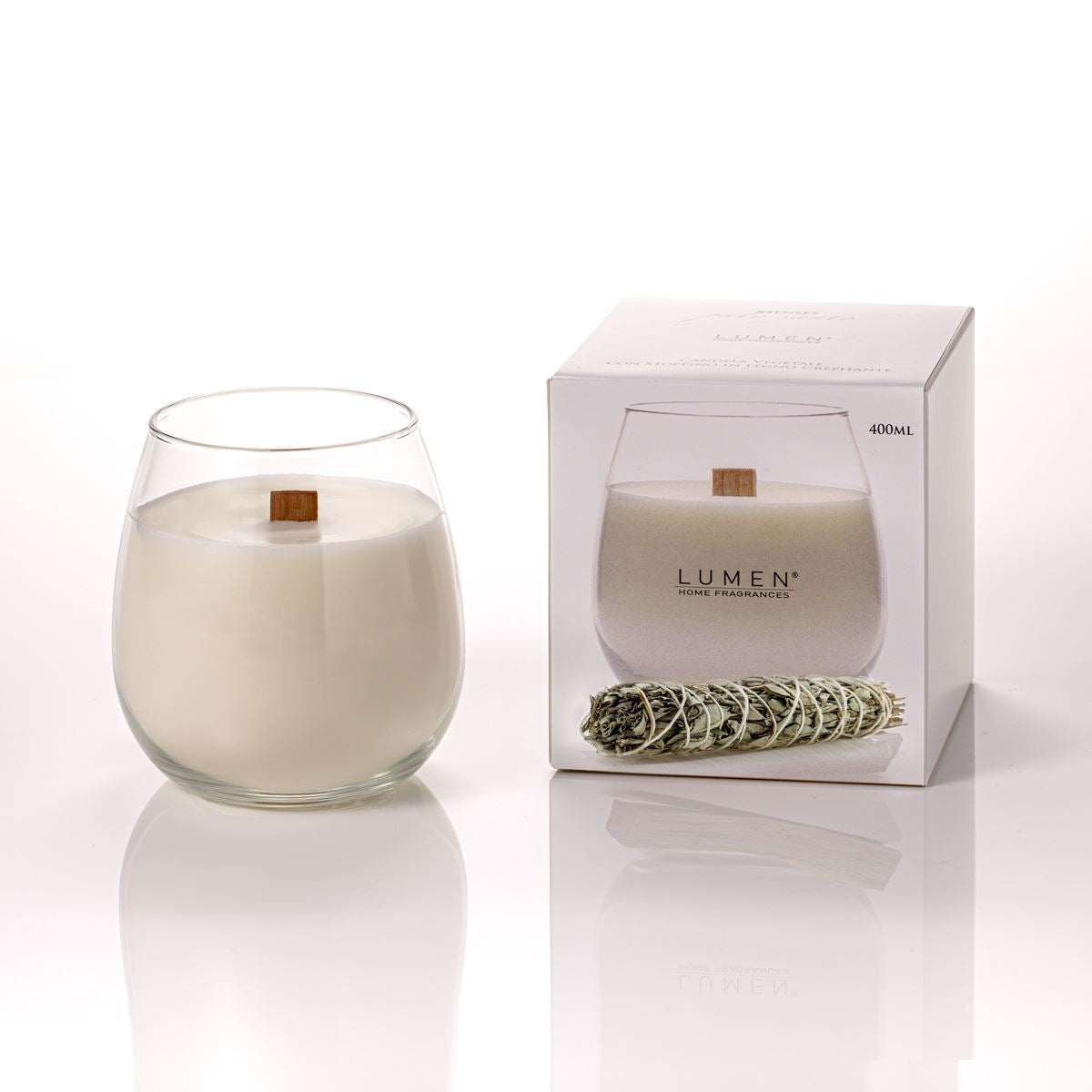Dettaglio stoppino legno candela Lumen XSenseS Salvia Bianca 400 ml profumazione erbacea purificante
