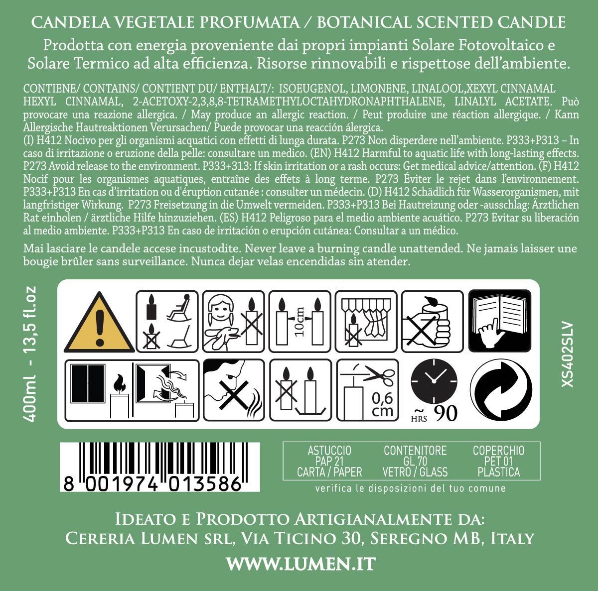 Candela Vegetale Stoppino in Legno Lumen XSenseS Salvia Bianca 400 ml Profumazione Erbacea Purificante