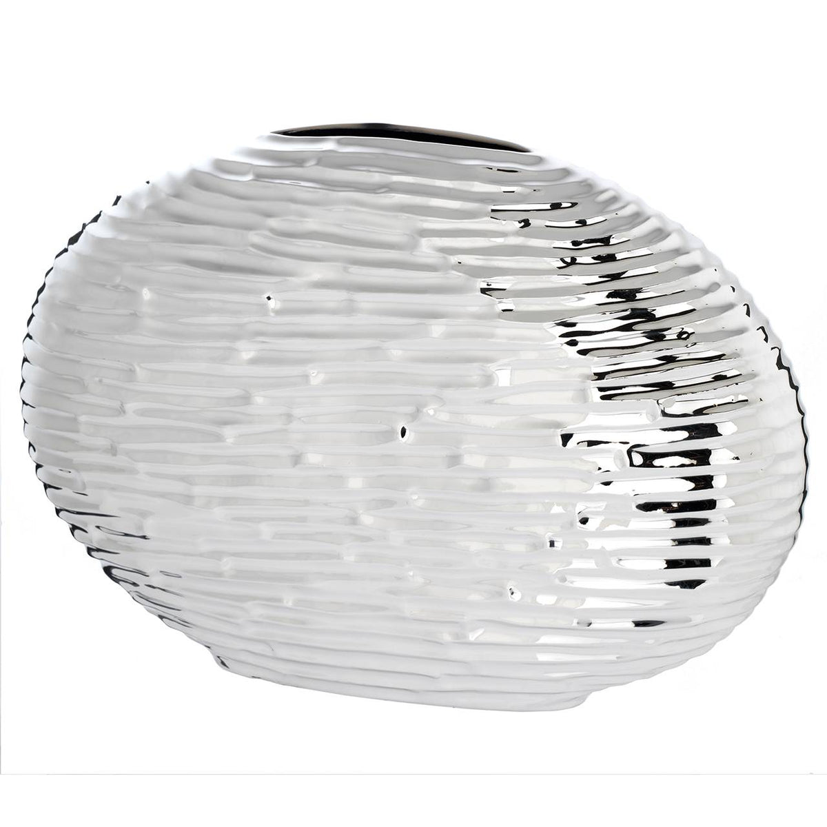 Bagutta Vaso Ovale in Ceramica Silver Plated con Rilievo Orizzontale 35x25 cm