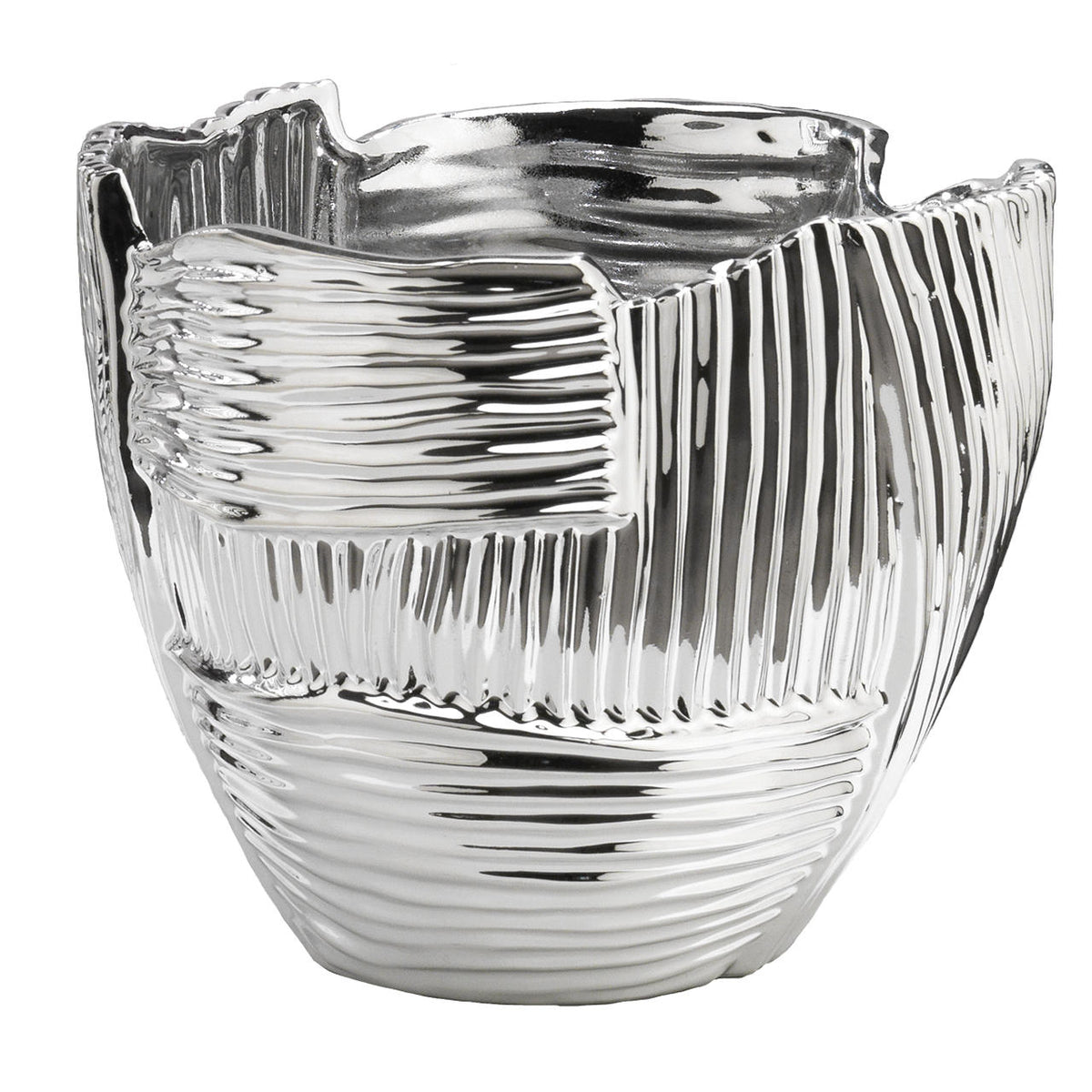 Bagutta Vaso in Ceramica Silver Plated con Linee Incrociate 22x20x18 cm