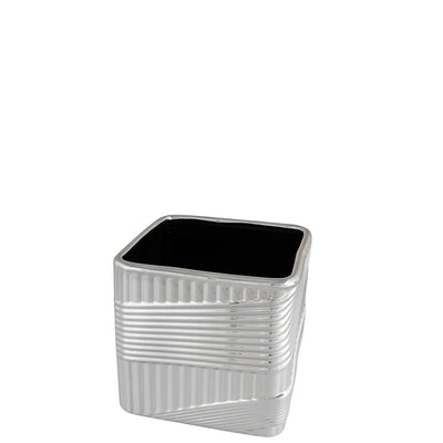 Bagutta Vaso a Base Quadrata in Ceramica Silver Plated a Rilievo 16x16x16 cm