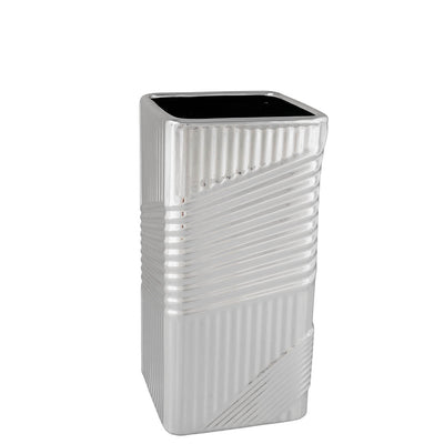 Bagutta Vaso a Base Quadrata in Ceramica Silver Plated a Rilievo 12x12x25 cm