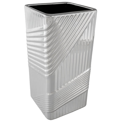 Bagutta Vaso a Base Quadrata in Ceramica Silver Plated a Rilievo 12x12x31 cm