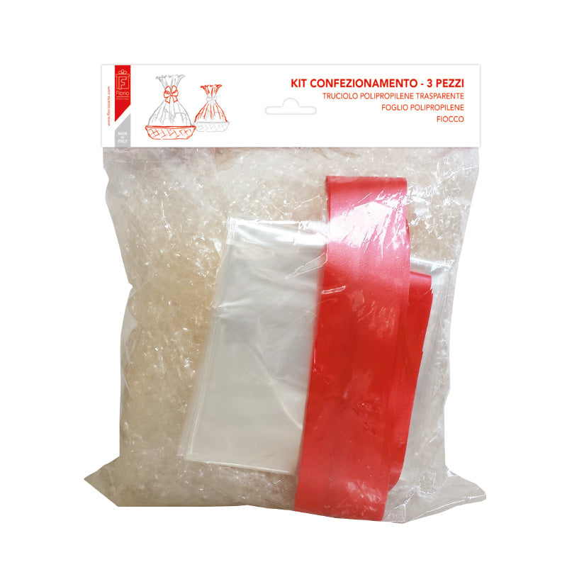 Kit confezionamento cesti paglia plastica foglio PPL 100x130cm fiocco automontante 50mm