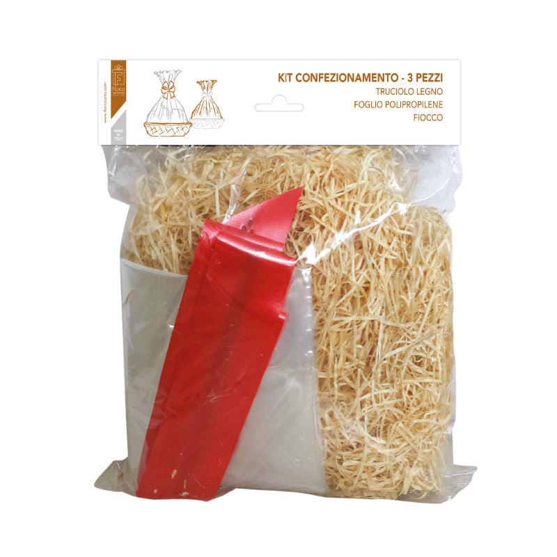 Kit confezionamento cesti paglia legno foglio PPL 100x130cm fiocco automontante 50mm