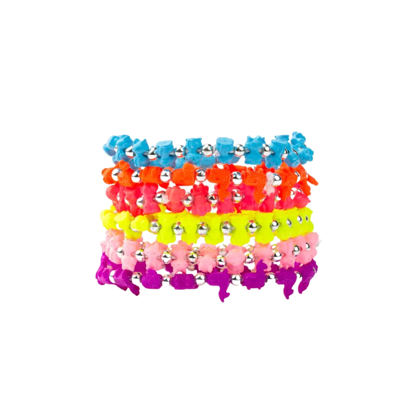 Dettaglio braccialetti Petz Fluo con forme animale cagnolino e gattino in colori fluorescenti