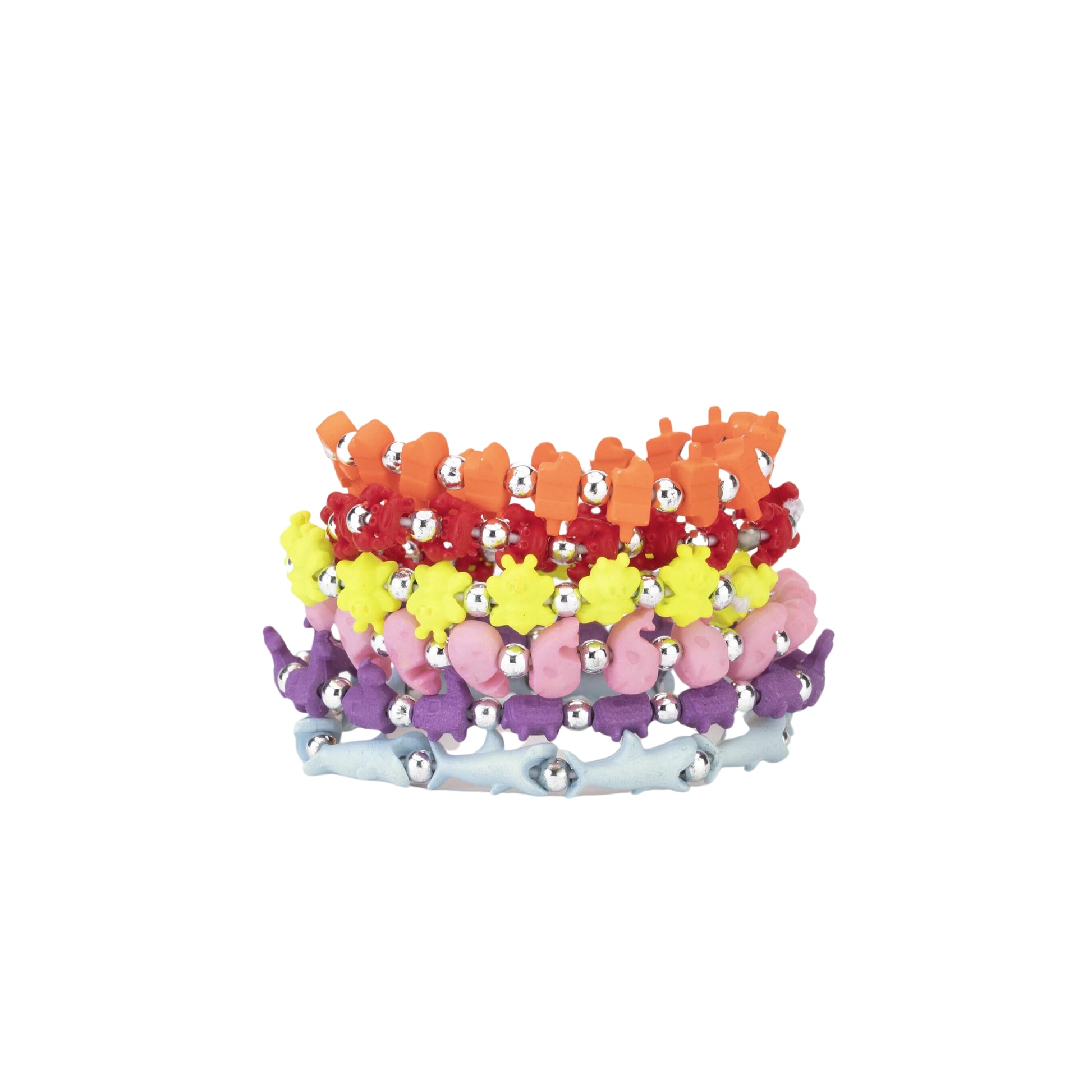 Dettaglio braccialetti Hello Summer colori fluo e pastello forma gelato squalo granchio