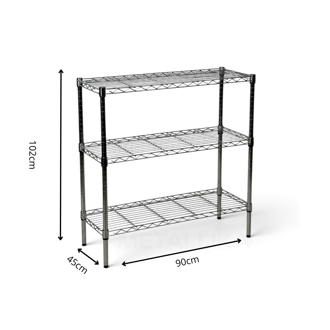 Metallika Scaffale Modulare in Acciaio Cromato 90 × 45 × H 102 cm, 3 Ripiani
