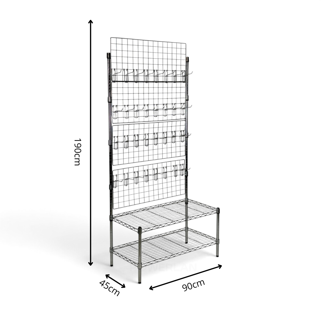 Metallika Espositore Porta Blister H 182 cm con 2 Ripiani 45 × 90 cm e 32 Ganci