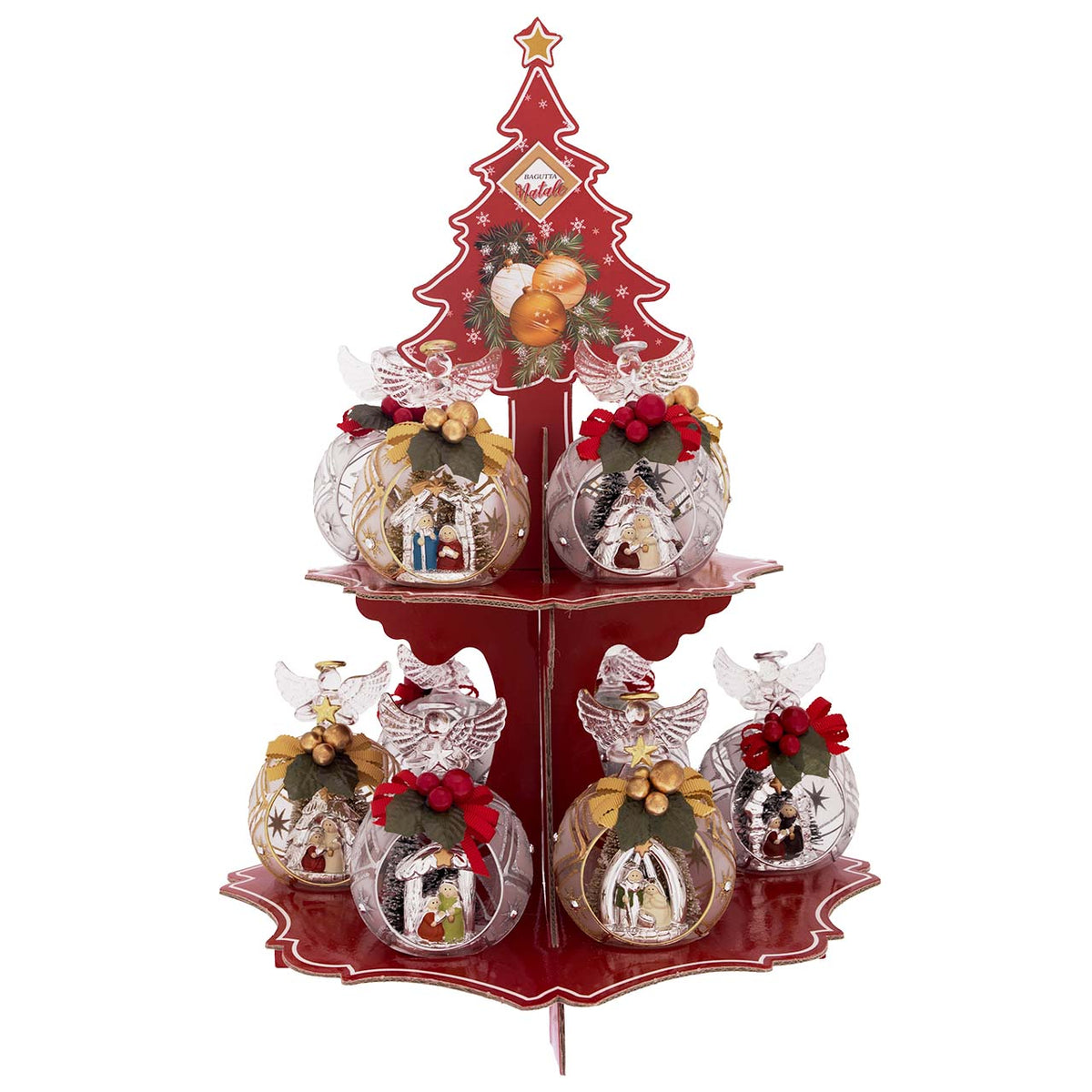 Bagutta Espositore Sfere Natalizie con Angelo e Presepe 8x11 cm 12 pezzi