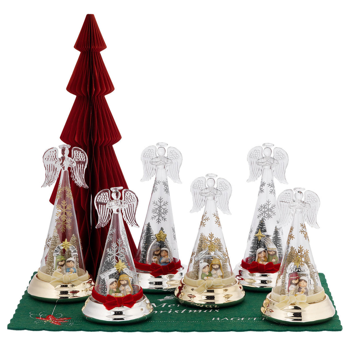 Bagutta Espositore Alberi Natalizi con Angeli e Luci LED 18 cm 8 pezzi