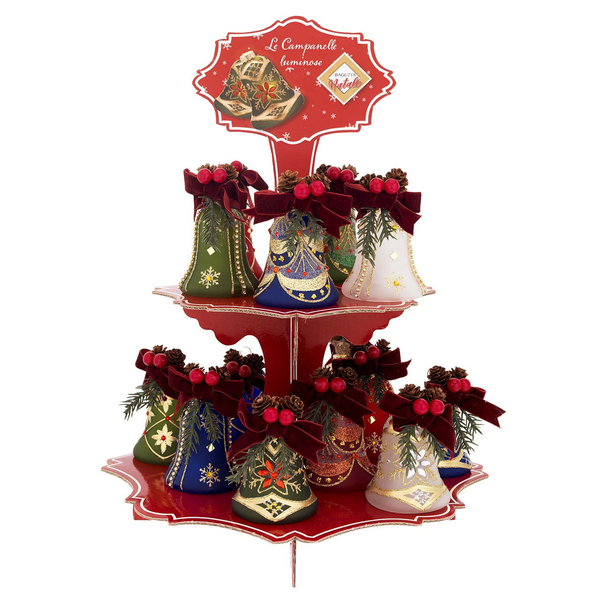 Bagutta Espositore Campanelle Natalizie Luminose Assortite 8 cm 16 pezzi