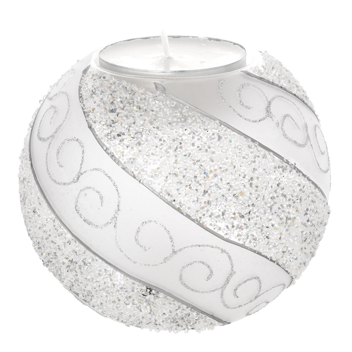 Bagutta Portacandela Natalizio a Sfera Bianco e Argento con Tealight LED 12 cm
