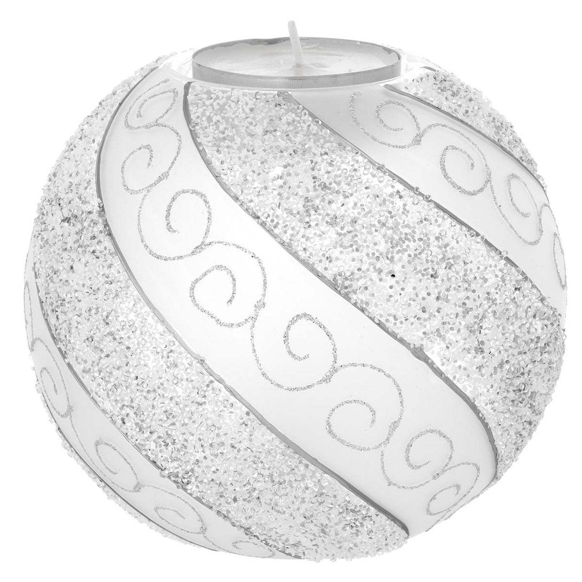 Bagutta Portacandela Natalizio a Sfera Bianco e Argento con Tealight LED 15 cm
