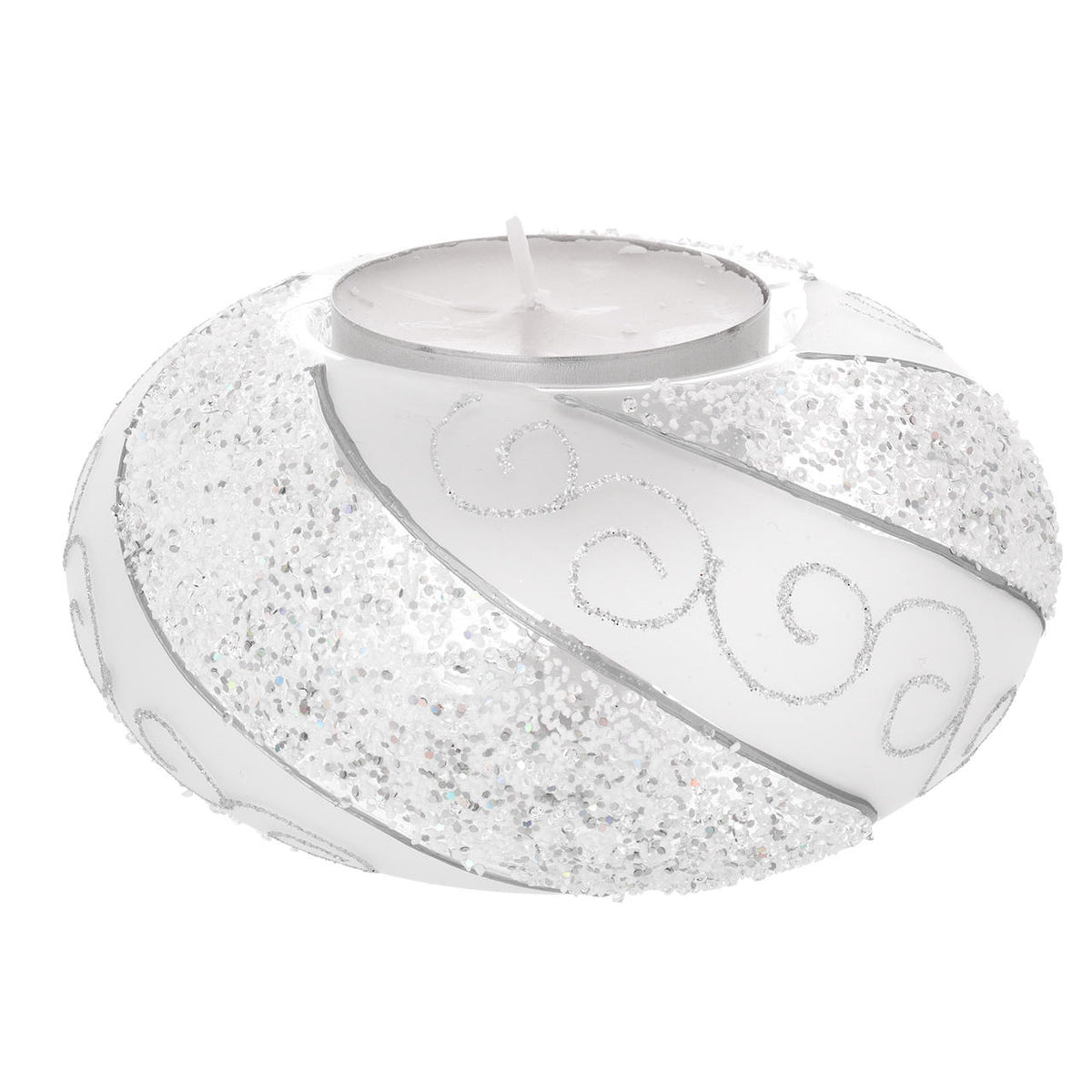 Bagutta Portacandela Natalizio LED 13x7 cm Bianco e Argento con Spirali Glitter