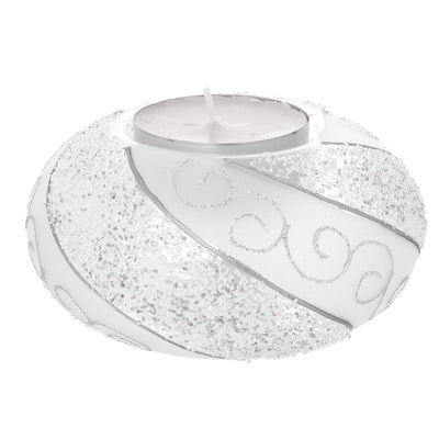 Bagutta Portacandela Natalizio LED 13x7 cm Bianco e Argento con Spirali Glitter