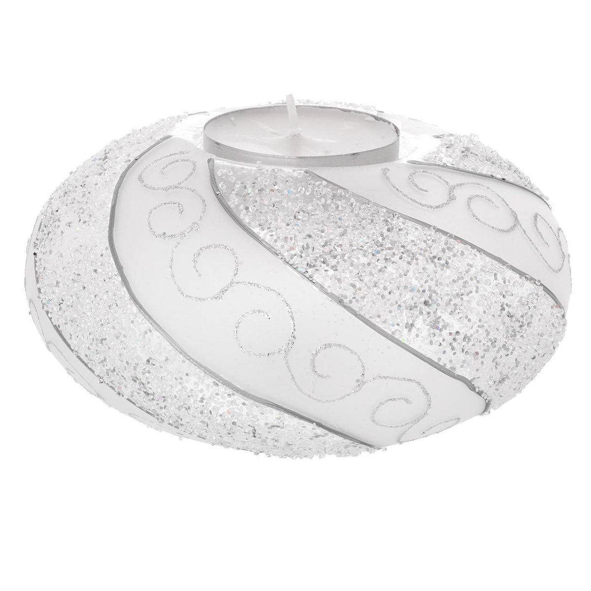 Bagutta Portacandela Natalizio LED 16x8,5 cm Bianco e Argento con Spirali Glitter