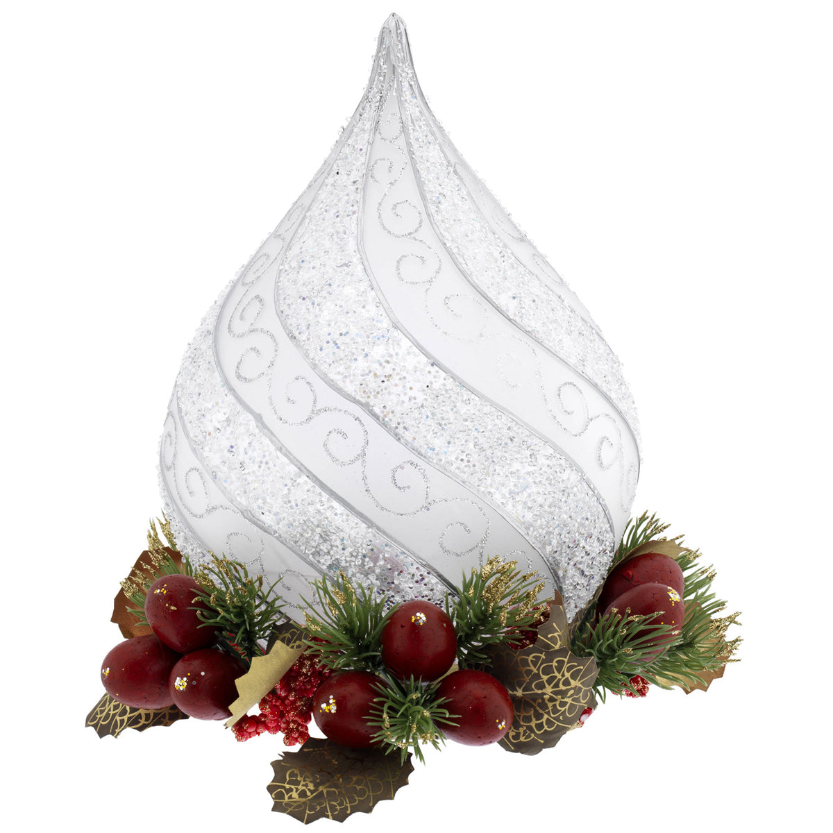 Bagutta Fiamma Natalizia LED Bianca e Argento con Agrifoglio e Bacche Rosse 23 cm