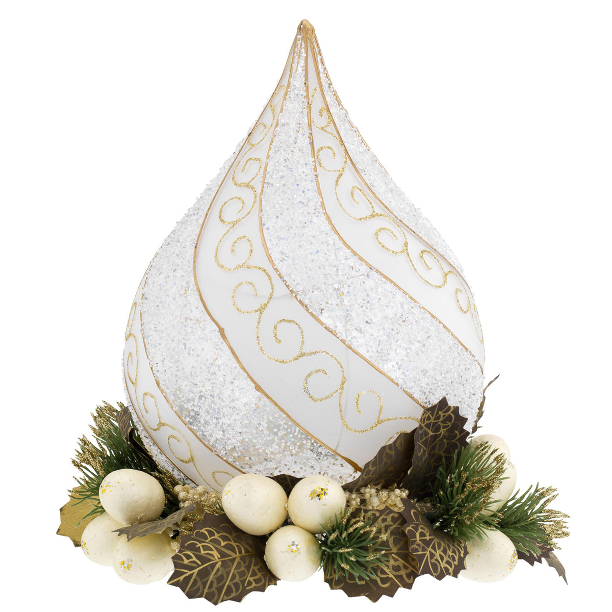 Bagutta Fiamma Natalizia LED Bianca e Oro con Agrifoglio e Bacche Bianche 23 cm