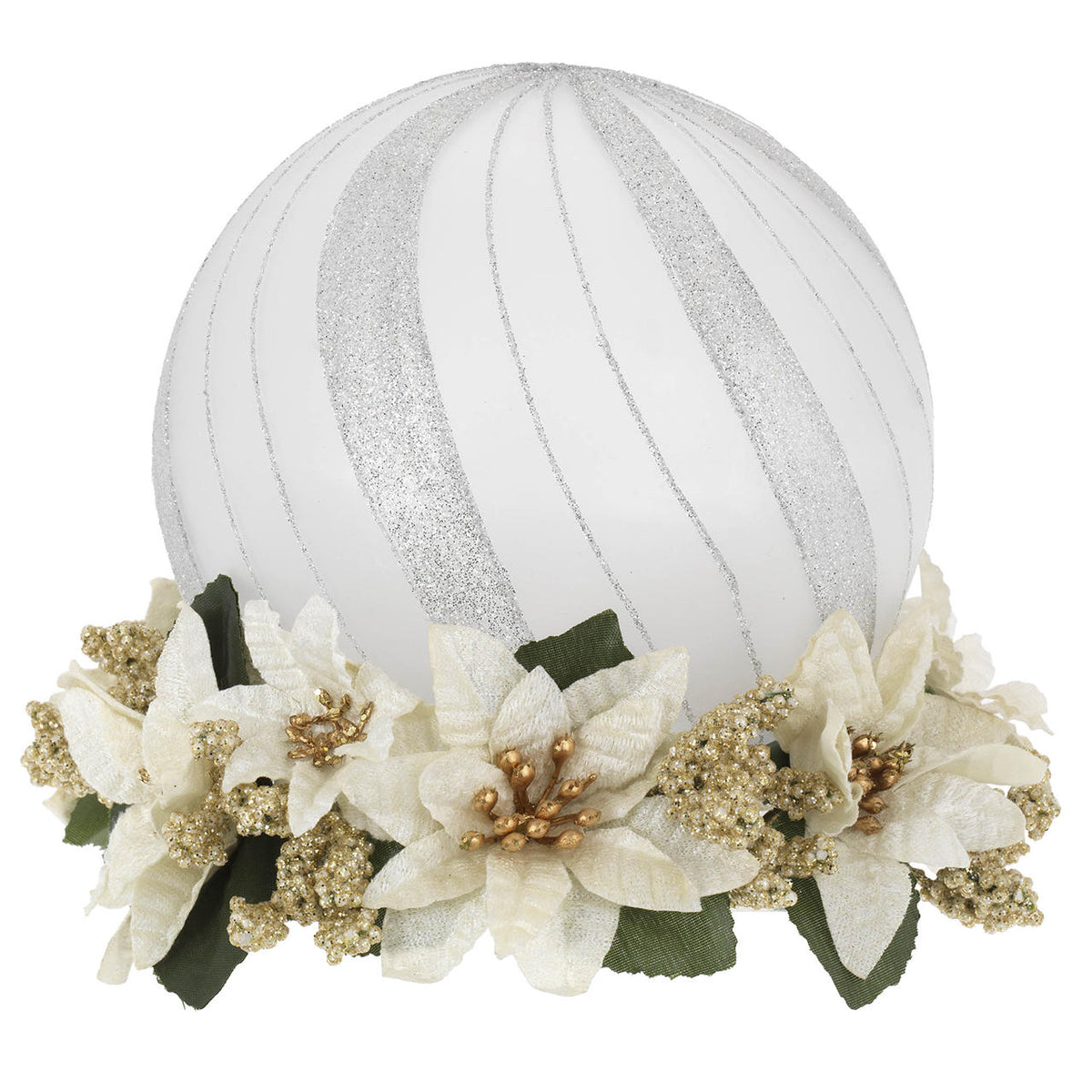 Bagutta Sfera Natalizia LED Argento con Base di Stelle di Natale Bianche 15 cm