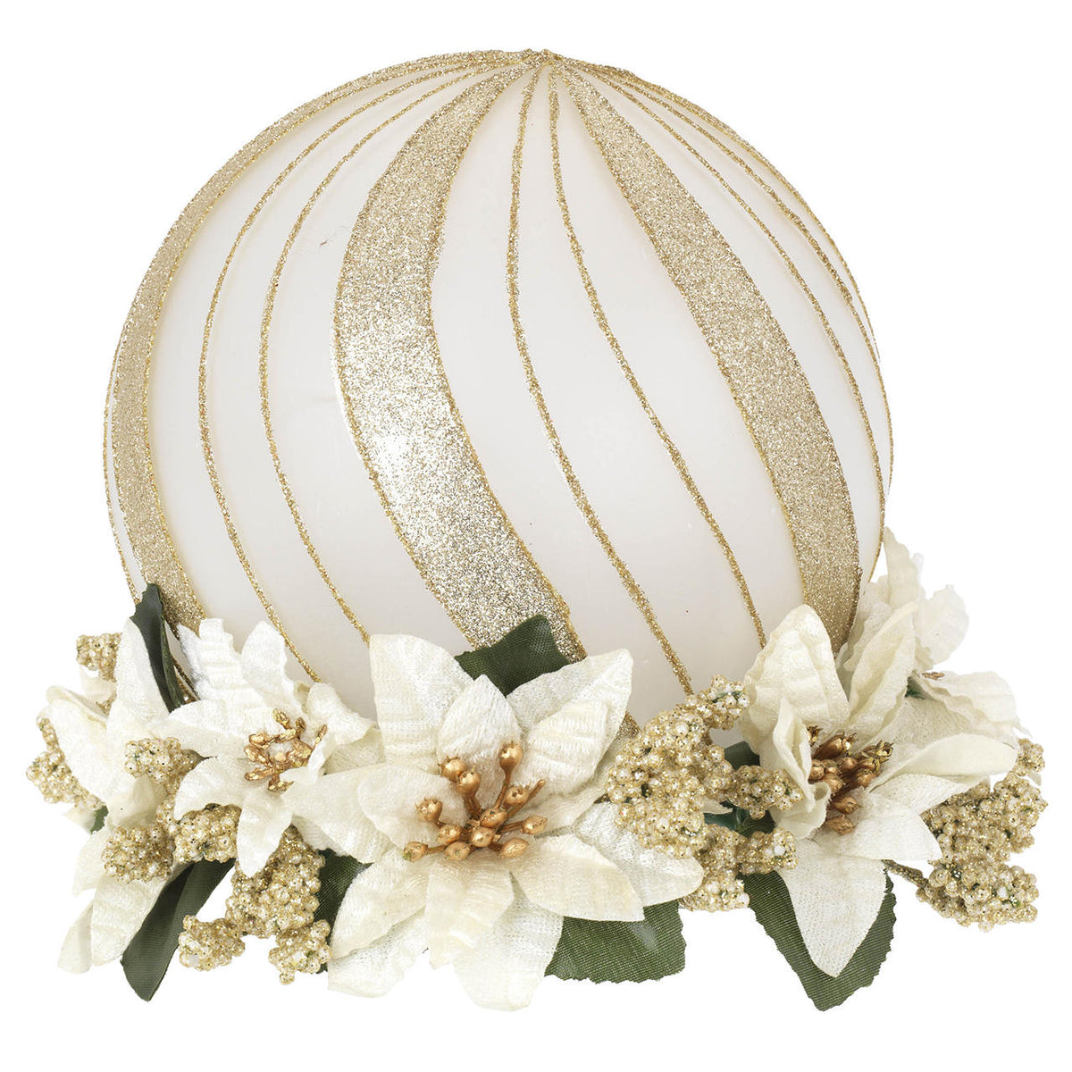 Bagutta Sfera Natalizia LED Oro con Base di Stelle di Natale Bianche 15 cm