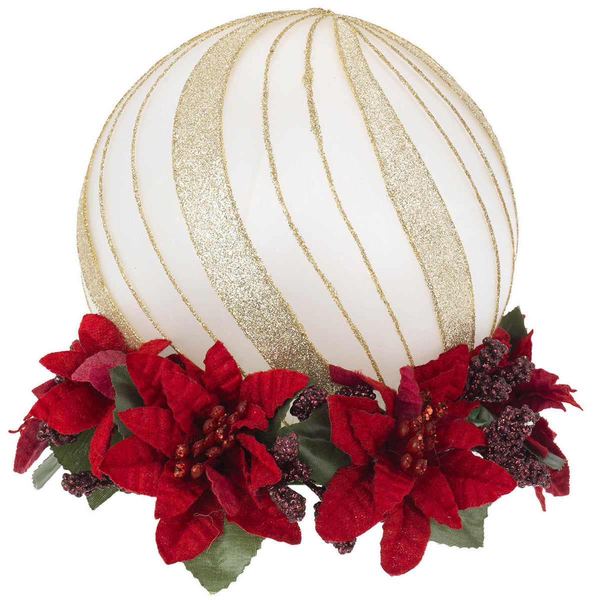 Bagutta Sfera Natalizia LED Oro con Base di Stelle di Natale Rosse 15 cm