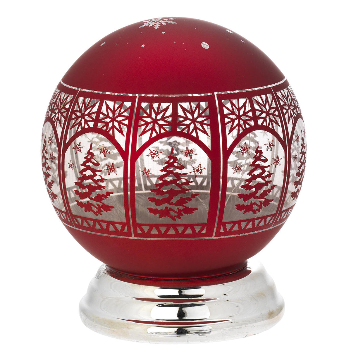 Bagutta Lampada LED Natalizia Sferica Rossa con Alberi e Fiocchi di Neve 15 cm