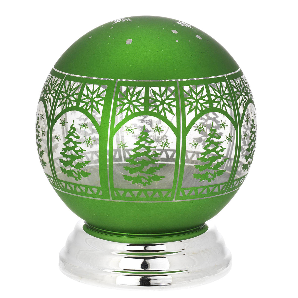 Bagutta Lampada LED Natalizia Sferica Verde con Alberi e Fiocchi di Neve 15 cm