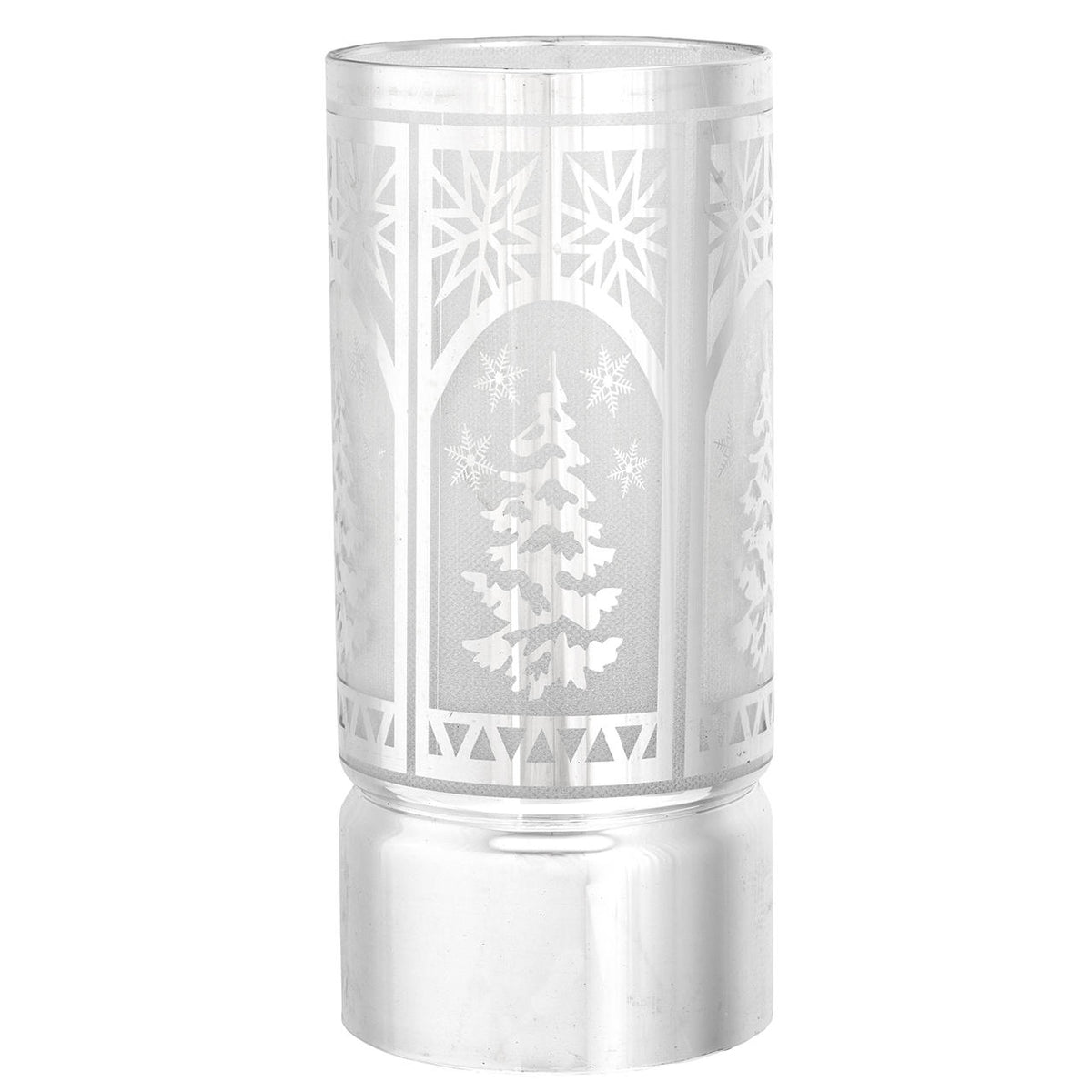 Bagutta Lampada LED Natalizia Cilindrica Argento con Alberi e Fiocchi di Neve 20 cm