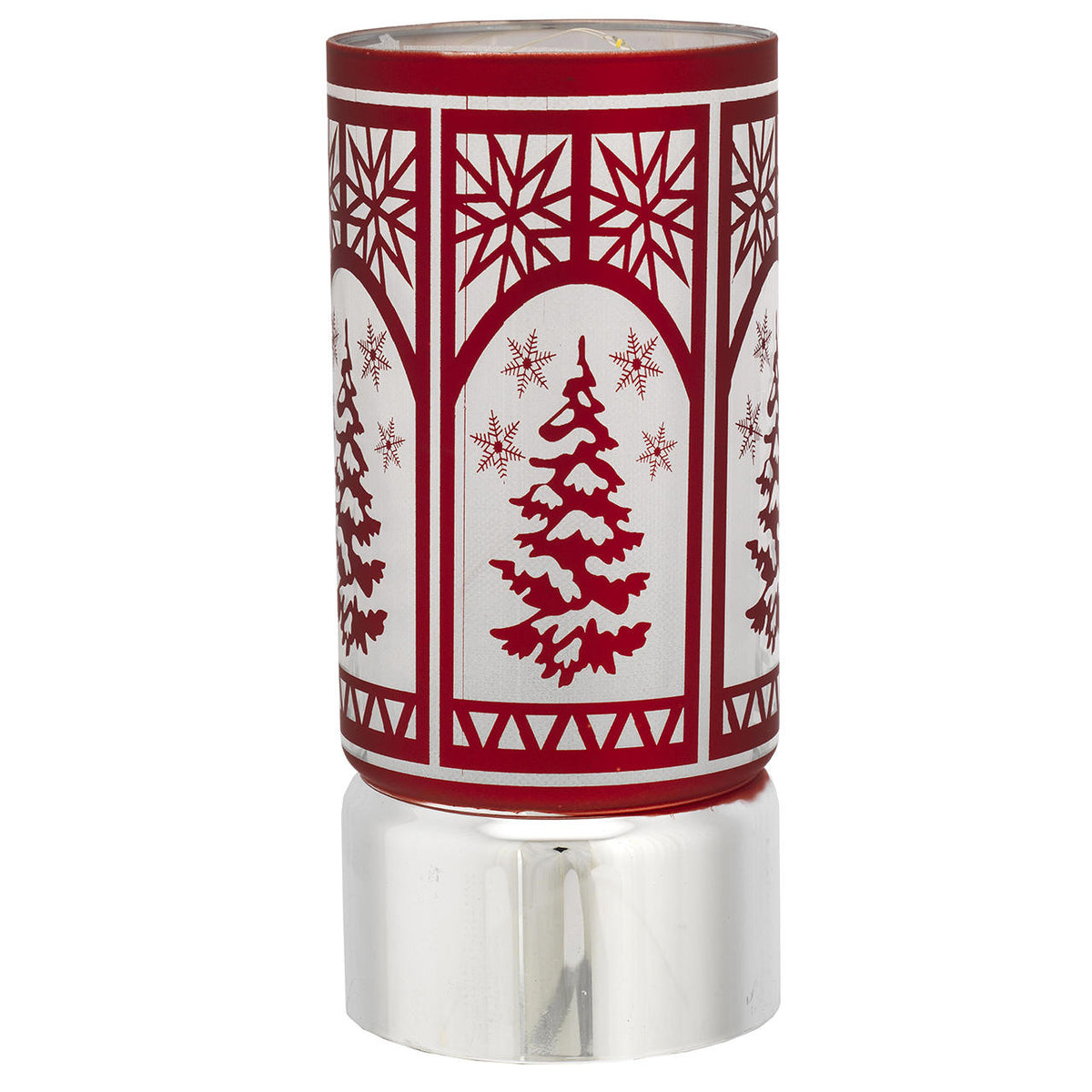 Bagutta Lampada LED Natalizia Cilindrica Rossa con Alberi e Fiocchi di Neve 20 cm