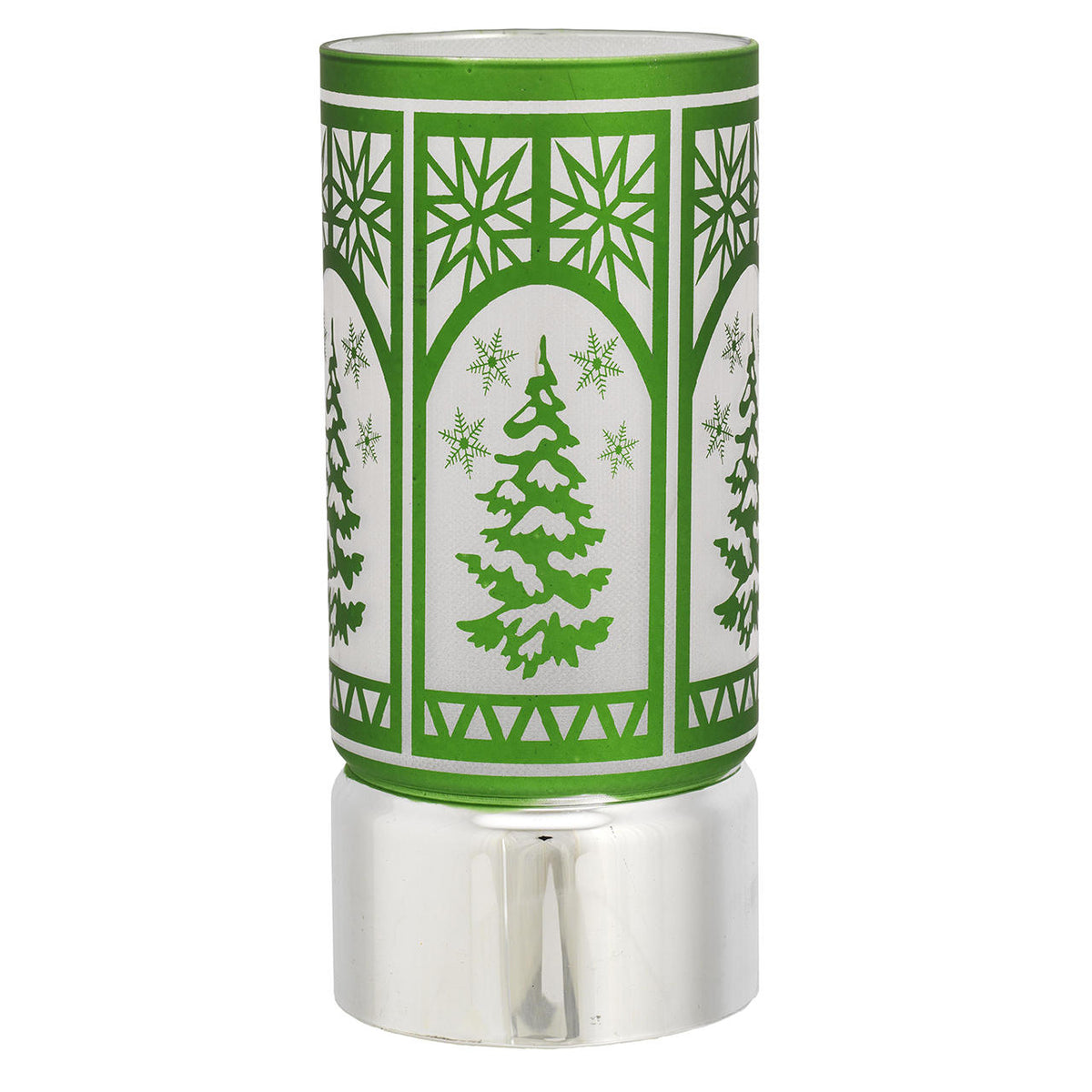Bagutta Lampada LED Natalizia Cilindrica Verde con Alberi e Fiocchi di Neve 20 cm