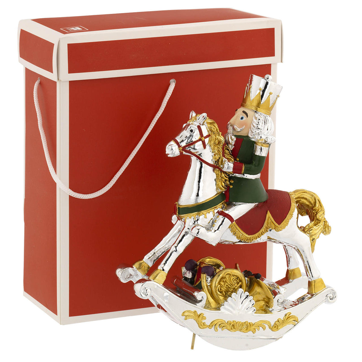 Bagutta Soldatino Schiaccianoci Carillon Argento su Cavallo a Dondolo 19 cm