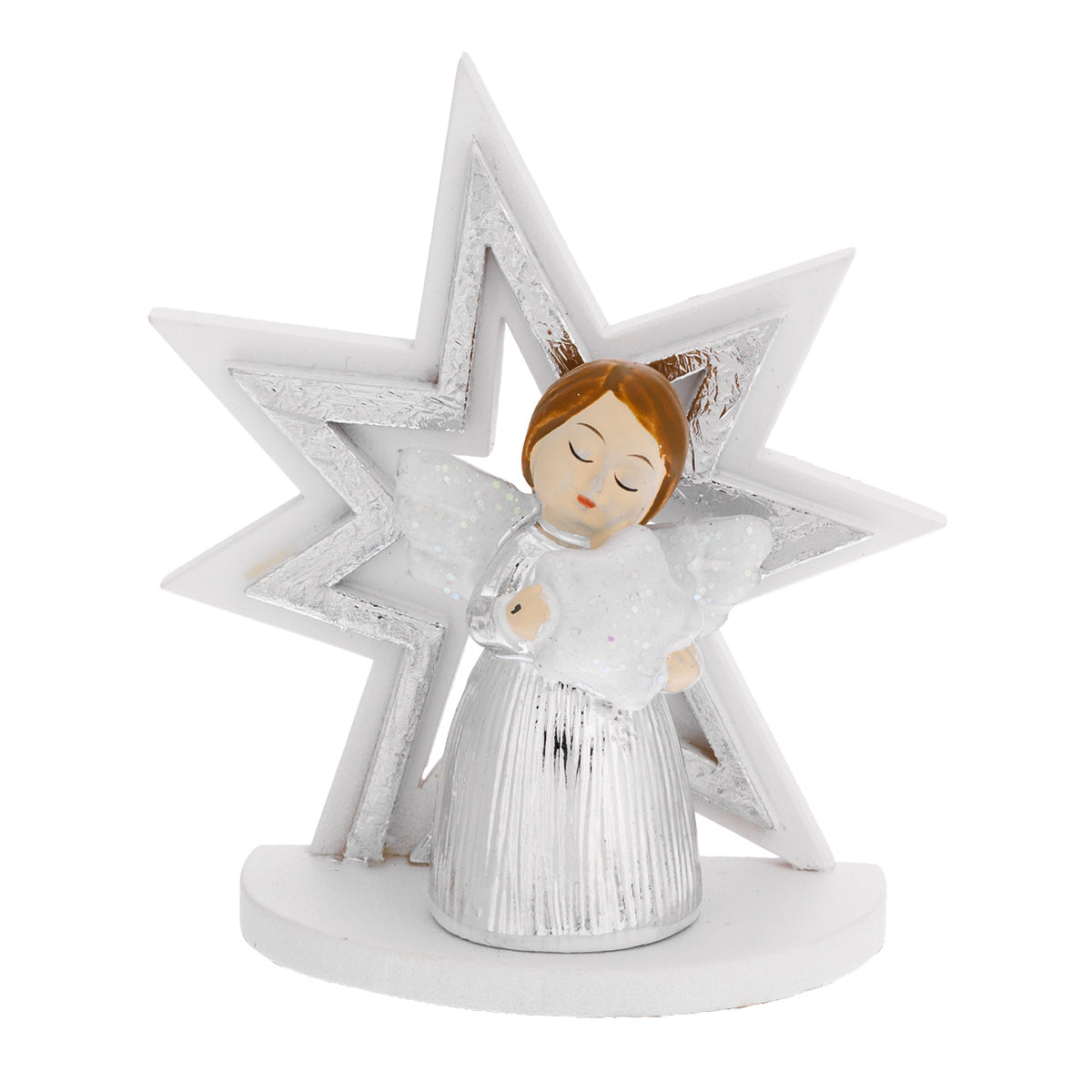 Bagutta Decorazione Natalizia Albero a Stella Argento con Angioletto 8,5 cm