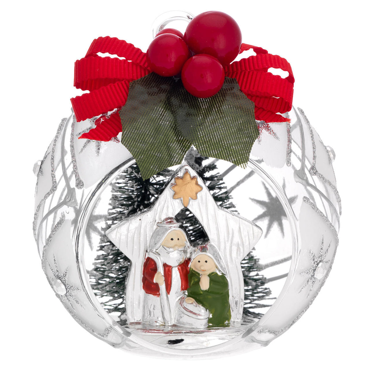 Bagutta Sfera Natalizia con Presepe Rosso e Verde in Capanna Finitura Argento Diametro 8 cm