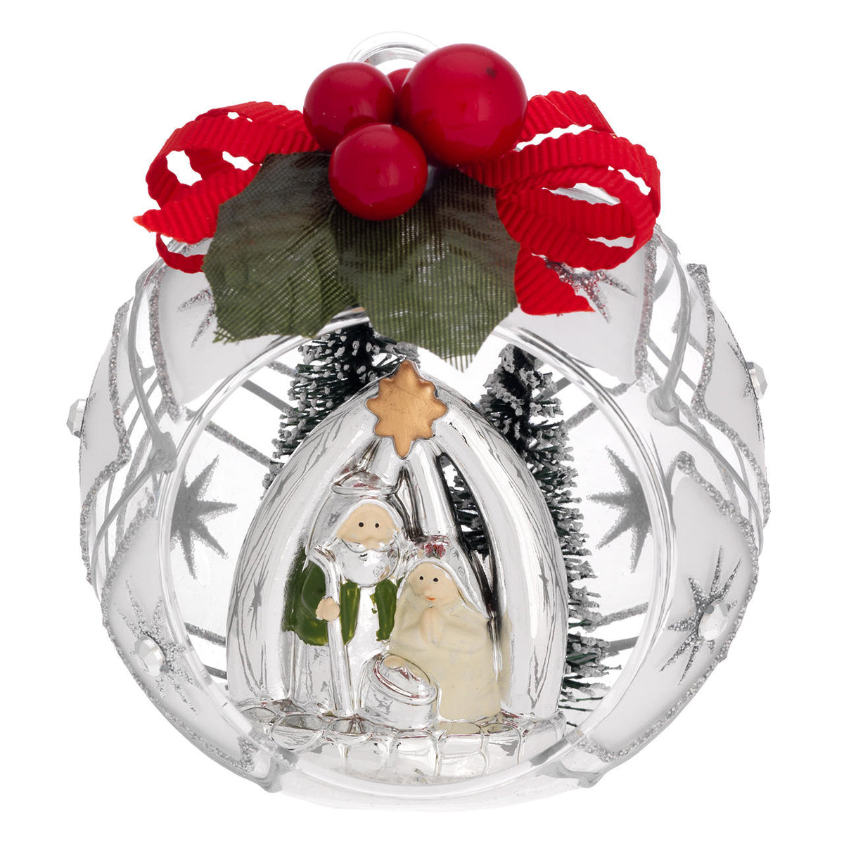 Bagutta Sfera Natalizia con Presepe Verde e Beige in Capanna Finitura Argento Diametro 8 cm