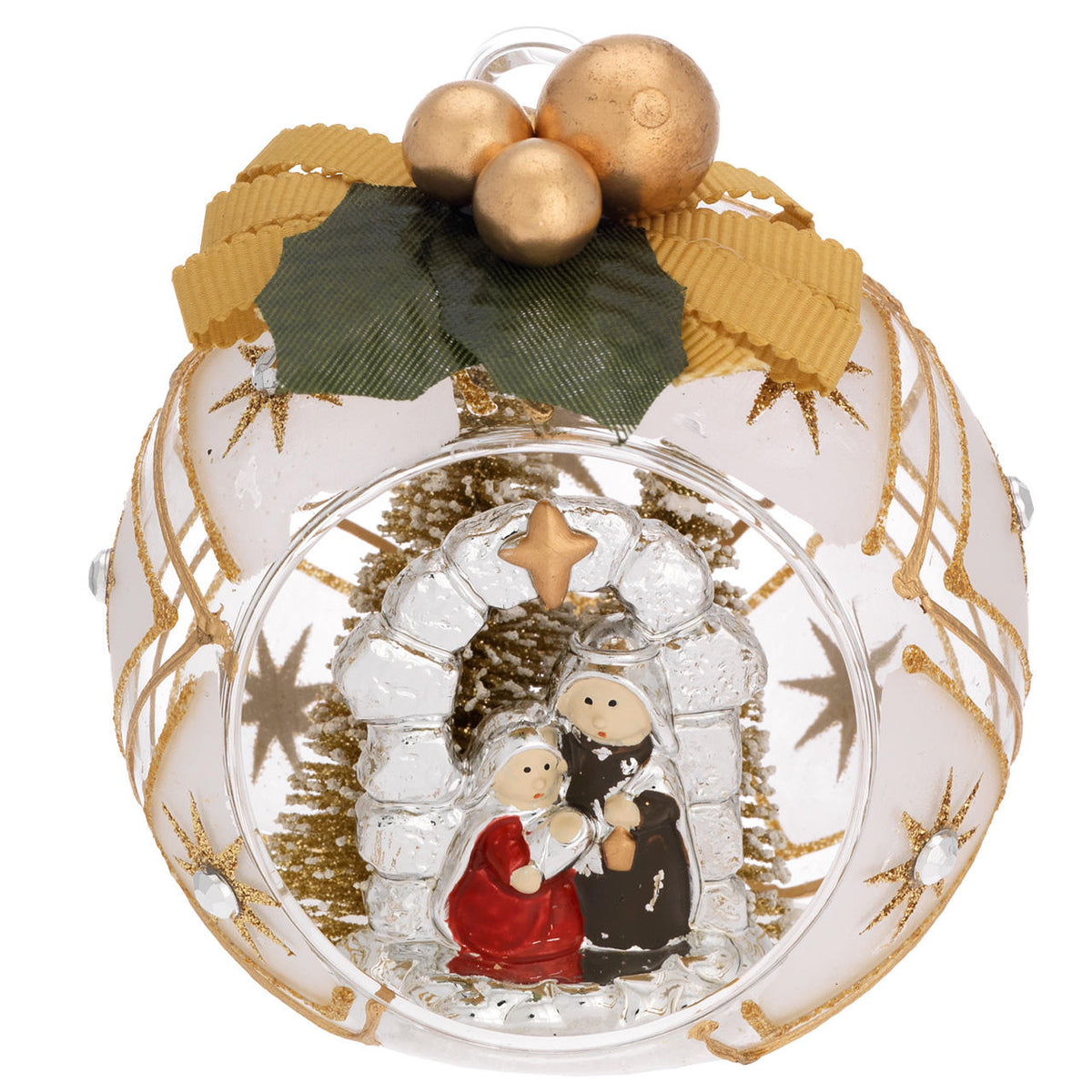 Bagutta Sfera Natalizia con Presepe in Capanna ad Arco Finitura Oro Diametro 8 cm
