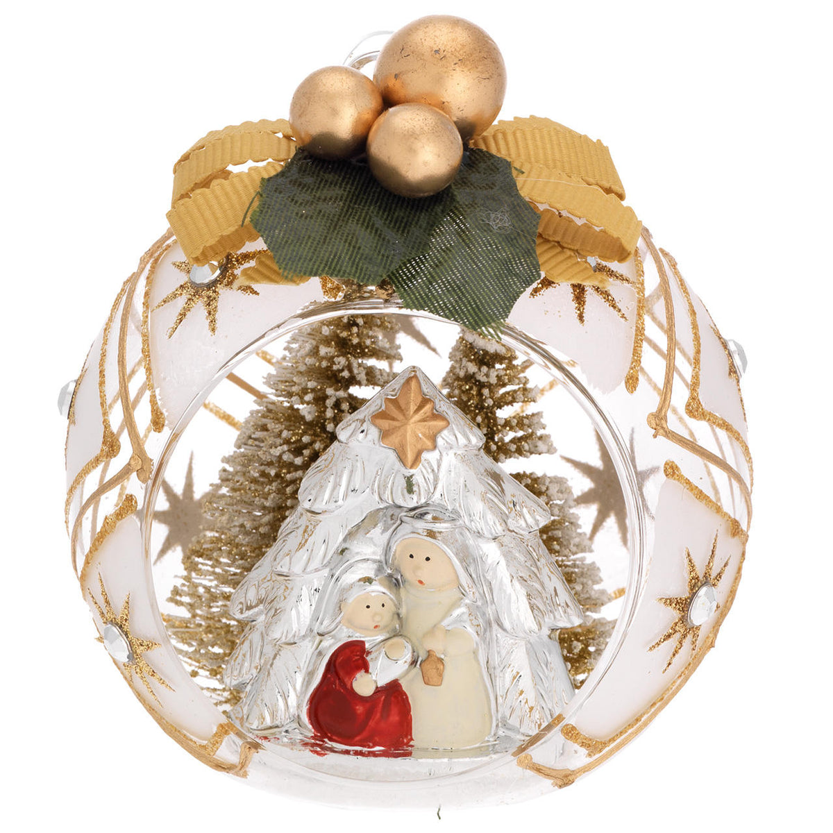 Bagutta Sfera Natalizia con Presepe Rosso e Bianco in Capanna Finitura Oro Diametro 8 cm