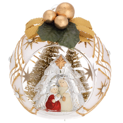 Bagutta Sfera Natalizia con Presepe Rosso e Bianco in Capanna Finitura Oro Diametro 8 cm